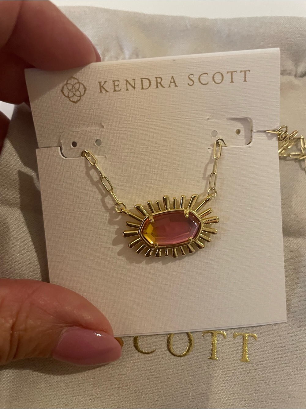 Kendra Scott Gold Necklace with Pink to Yellow Ombre Crystal Sunburst Pendant